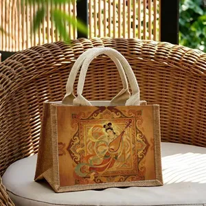Sac de shopping en jute écologique avec motif artistique mural Dunhuang Flying Apsara