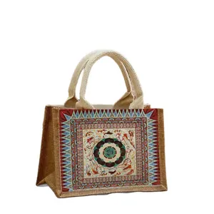 Sac cabas en lin série Dunhuang avec motif ethnique artistique et poignées solides.