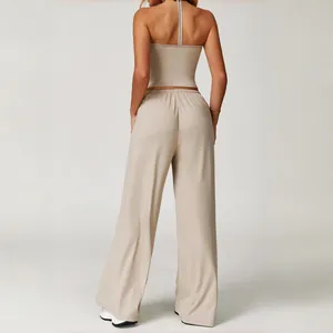 Ensemble Sport Yoga Dos Nu Brossé pour Femme Top Et Bottom Pantalon Large à Taille Haute pour Fitness Gym Course à Pied