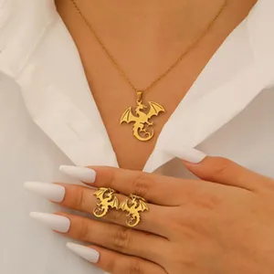 Elegant gold dragon pendant necklace and matching stud earrings worn by a model