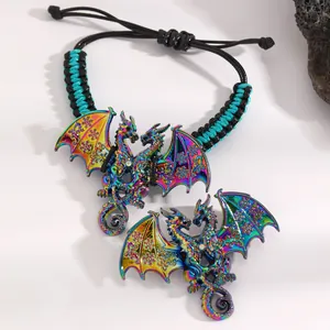Rainbow iridescent enamel dragon woven bracelet with intricate flying dragon charms