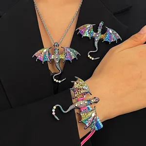 Handmade colorful enamel flying dragon necklace bracelet and brooch jewelry set