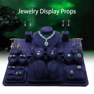 Dark blue velvet jewelry display stand set for necklaces earrings and rings props