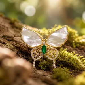 Elegant Alloy Butterfly Brooch With White Mother Of Artificial Pearl Emerald Green Zirconia Inlaid Rhinestone Pin Jewelry For Women