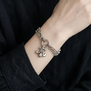 Vintage Silver Plated Copper Bracelet For Women Gothic Fleur-De-Lis Cross Pendant Multi-Layer Rope Chain Zircon Jewelry