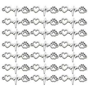 Antiek Zilveren Legering Hart ECG Poot Connector Charm Voor DIY Sieraden Maken Handgemaakte Accessoires Dubbel Gat Hanger