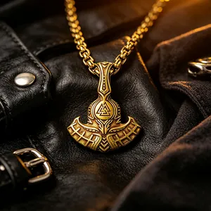Detailed view of the vintage gold Viking Thor's axe pendant with Valknut symbol on leather.