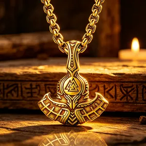 Macro view of gold Thor's hammer pendant with Valknut symbol and Norse runes