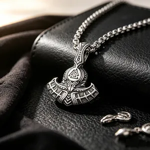Detail of retro stainless steel Viking axe pendant necklace featuring Valknut symbol
