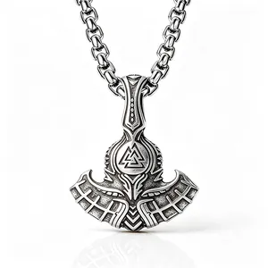 Detailed view of vintage stainless steel Viking Thor's axe pendant with Valknut symbol