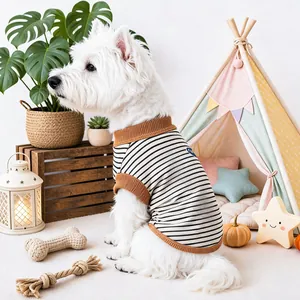 Retro striped pet vest for small dogs and cats in a warm and cozy indoor lifestyle setting