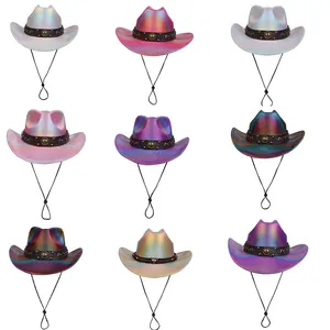 Holografischer Western Cowboyhut Mit Nieten Ledergürtel Verstellbarem Kinnriemen Für Halloween Party Unisex