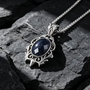 Collier Pendentif en Acier Inoxydable Gothique Vintage Grès Bleu Incrusté Forme Goutte d'Eau Style Baroque Bijoux Rétro pour Femmes Hommes