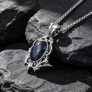 Collier vintage élégant en acier titane avec pendentif en pierre de sable bleu étincelant