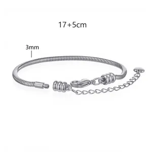 Bracciale a catena serpente in acciaio inossidabile argento, 3mm, 17+5cm regolabile