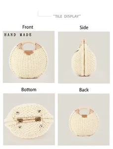 Vue détaillée multi-angles d'un sac à main artisanal en paille tressée de couleur crème