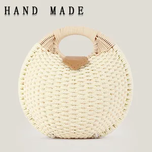 Sac à Main Tissé en Corde de Papier Fait à la Main pour Femme Forme de Coquille Sac de Plage Rond Sac de Vacances Décontracté