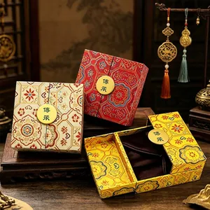 Detailed view of exquisite Chinese style silk fabric gift boxes with traditional patterns