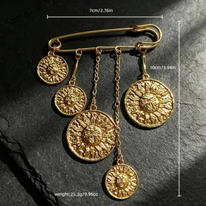 Punk Gold Sicherheitsnadel Brosche mit Gesichtern und Ketten, Details 7cm x 10cm