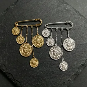 Retro-Punk Sicherheitsnadel Broschen mit hängenden Sonnengesicht Anhängern in Gold und Silber