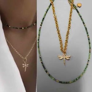 Collier Pendentif Libellule Vintage Et Choker En Perles Pour Femmes Acier Titane Plaqué Or 18K Bijoux En Pierre Naturelle