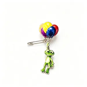 Whimsical cartoon frog holding colorful balloons enamel brooch pin accessory for clothes