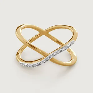 S925 Sterling Silver Criss Cross Double Band Ring For Women Micro Pave Rhinestone Fashion Minimalist Commute Finger Jewelry Gift