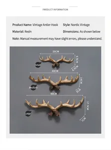 Detail view of retro antler hooks in three sizes with specific length and height dimensions.