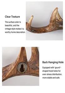 Detail view of rustic faux antler wall hook showing realistic texture and hanging hole.