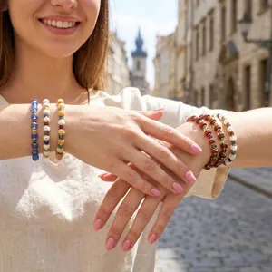 Lifestyle shot of handmade semi-precious stone bracelets with colorful Czech beads.