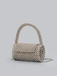 Borsa a Mano con Perline di Acrilico Intrecciata a Mano per Donna Elegante Borsa a Spalla Cilindrica con Catena