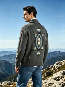 Men's American retro shawl collar knit cardigan featuring a large geometric pattern on the back
