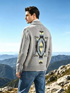 Rear view of a premium gray knit cardigan featuring a Southwestern geometric jacquard pattern