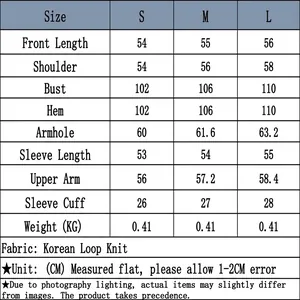 Detailed size guide for women's loose stand collar sweatshirt jacket in CM units