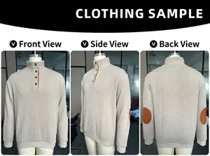 Detail view of men's high neck knitted sweater with textured pattern and elbow patches