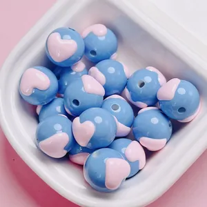 Blue round beads with pink heart pattern for DIY jewelry and phone chain making