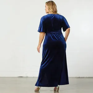 Elegant navy blue velvet short sleeve maxi dress for evening events shown from back