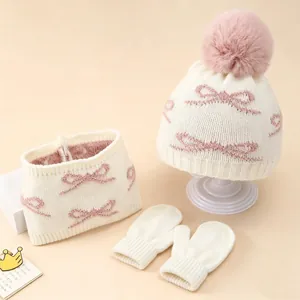 Ensemble d'hiver 3 pièces pour bébé avec bonnet à nœud, écharpe et moufles en rose crème