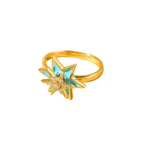 Gold-plated stainless steel star ring with turquoise enamel and crystals for women