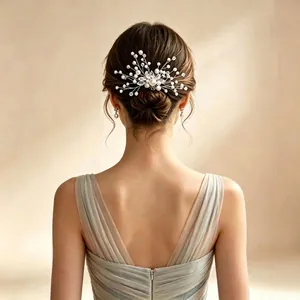 Elegant Bridal Hair Comb Handmade Alloy Faux Artificial Pearl Rhinestone Floral Branch Design Wedding Headpiece For Women