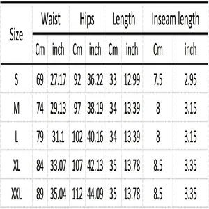 Detailed size guide for women's denim shorts with measurements in centimeters and inches.
