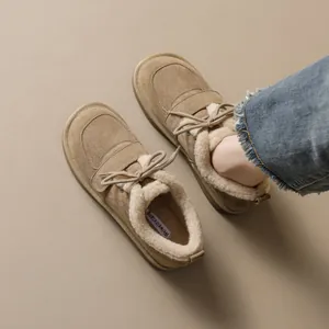 Damen Winter Warme Schneeschuhe Plateau Wildlederimitat Loafers Fleece-Futter Schnürung Casual Baumwollschuhe Khaki Kaffee Schuhwerk