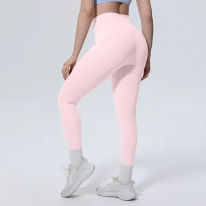 Leggings yoga a vita alta rosa chiaro effetto nudo per fitness e pilates sportivi