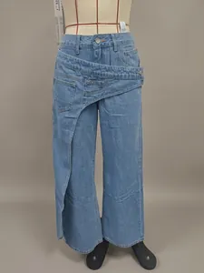Trendy light blue denim wide-leg jeans featuring a creative asymmetric waist wrap design detail