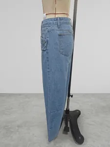 Side view of light blue straight-leg denim jeans displayed on a mannequin torso