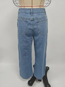 Back view of casual light blue denim jeans with double pockets on mannequin display