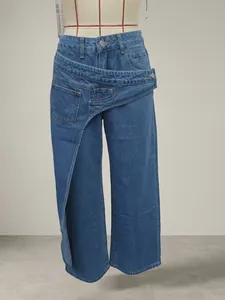 Blue women's denim jeans featuring a unique asymmetric overlapping waist design
