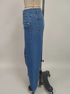 Side profile of fashionable women's blue denim jeans featuring a straight cut and classic back pocket