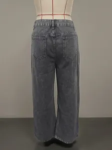 Back view detail of high-waist washed grey straight-leg denim jeans on a mannequin
