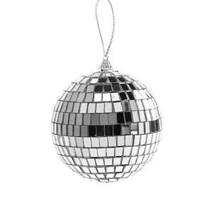 Sparkling silver glass mirror disco ball ornament with hanging string for party decor